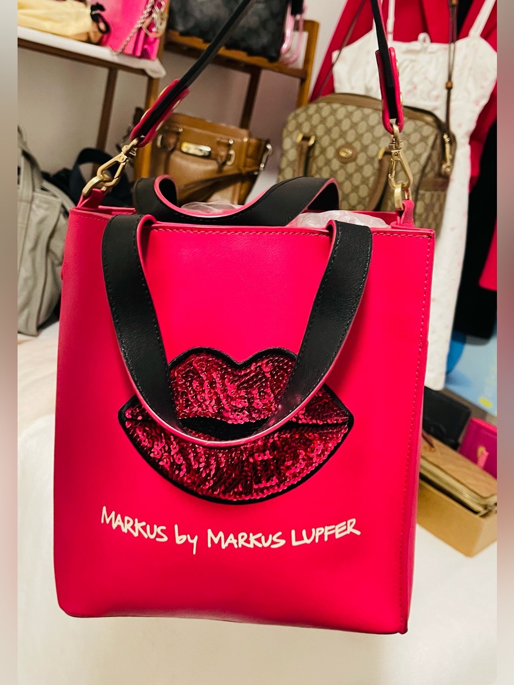 Markus Lupfer Pink Tote with Sequin Lip Applique and Black Handles